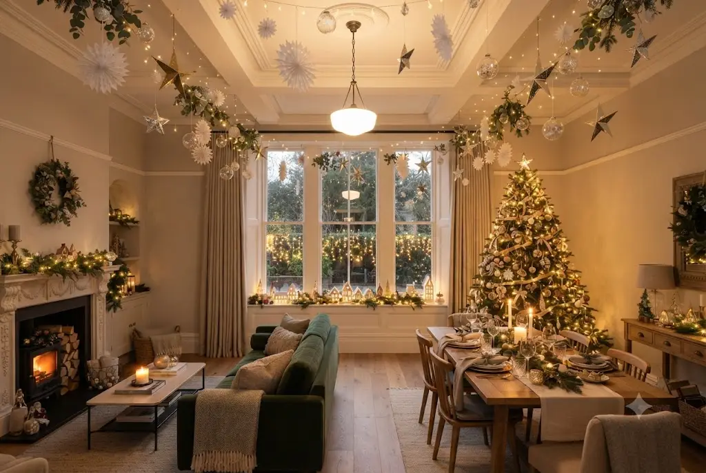 Elegant christmas ceiling decorations with hanging ornaments and festive lighting in a modern UK living room.
