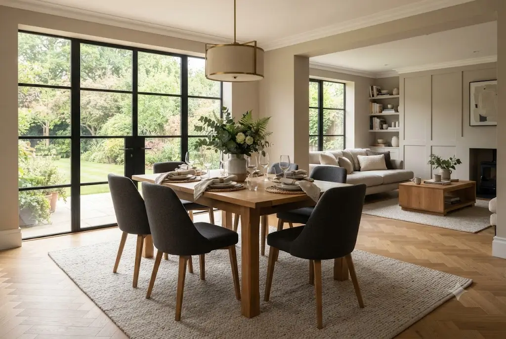 Modern dining room decor ideas featuring a dining room rug, elegant table styling and contemporary furniture.