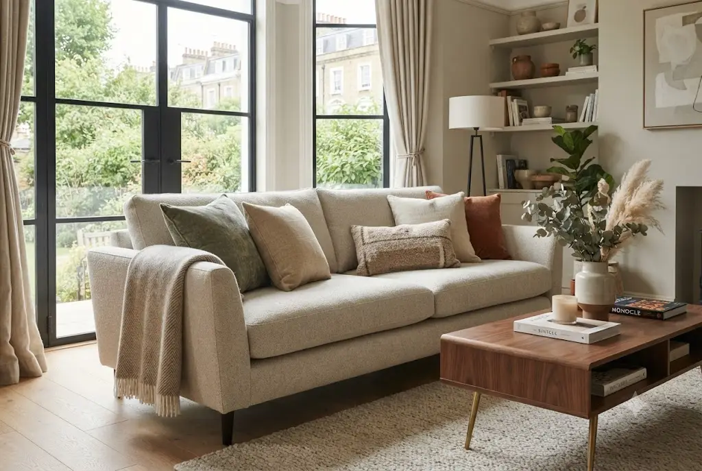 Elegant home cushions styled on a modern sofa in a contemporary UK living room.