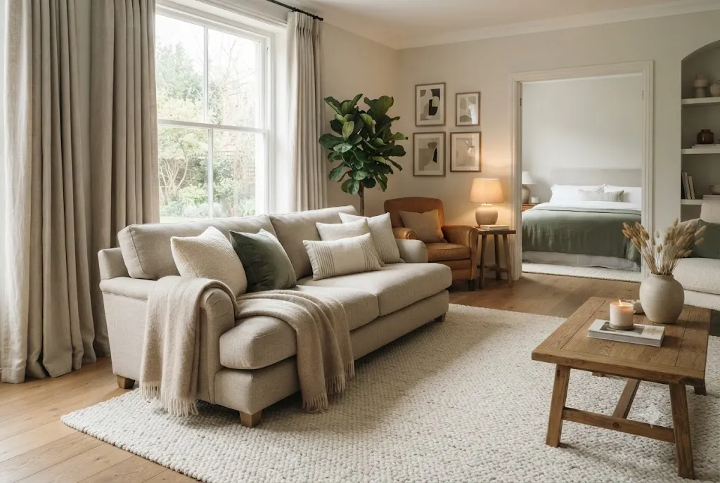 Elegant home textile decor featuring cushions, neutral drapes, sofa covers and luxury bedding in a modern UK home.