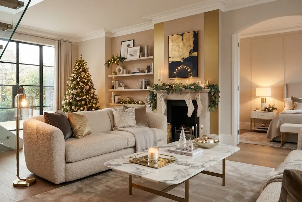 Elegant luxury home decorations displayed in a modern UK living room with premium furniture and designer accessories.