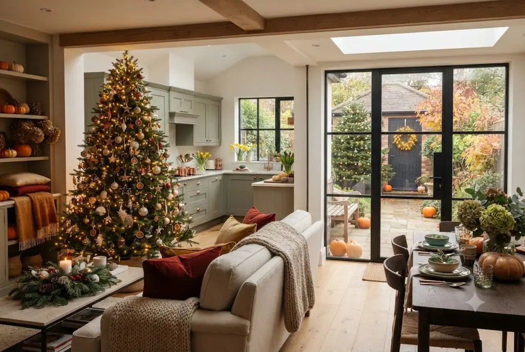 Elegant seasonal home decorations displayed throughout a modern UK home during different seasons.