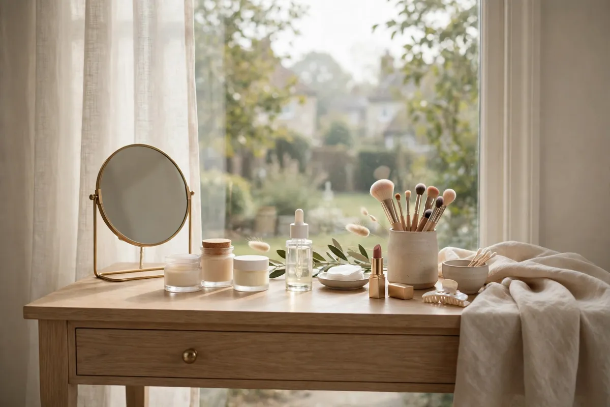 A selection of the best beauty products on a dressing table, illustrating a UK guide to choosing skincare and makeup