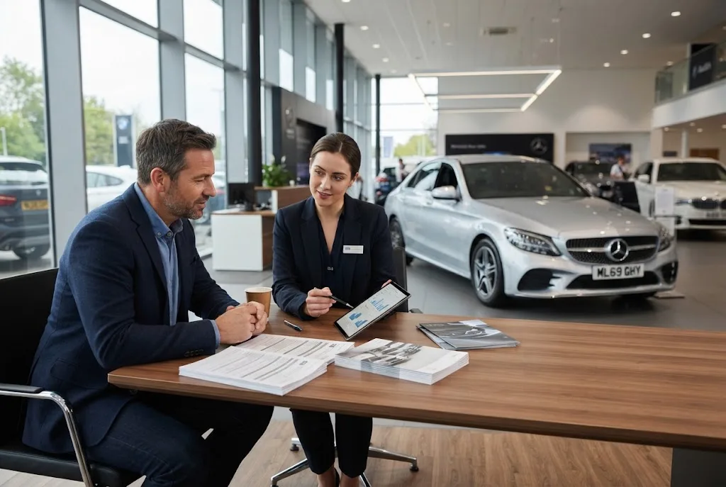 car finance discussion between a UK buyer and automotive finance adviser