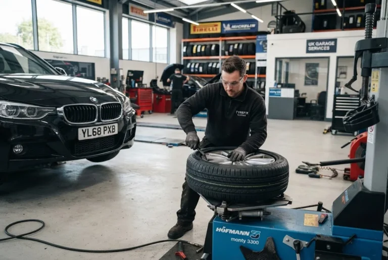 tyre services technician fitting a car tyre at a UK automotive workshop