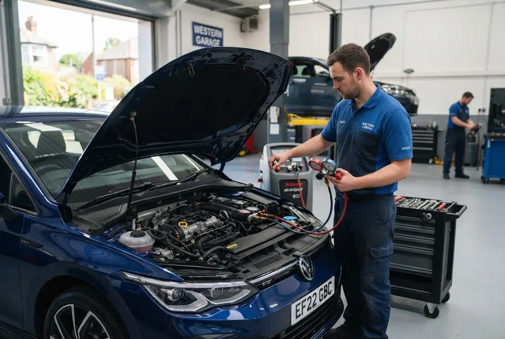auto air conditioning service for a car in a UK garage