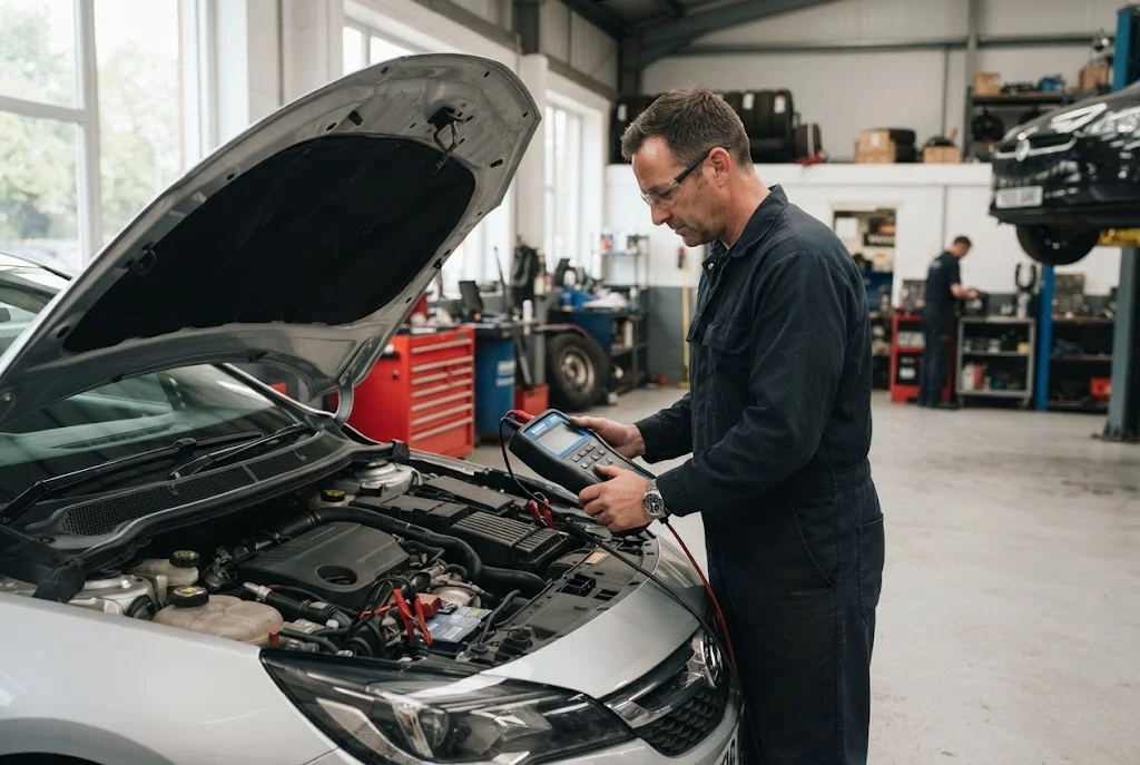 Auto battery service with professional battery testing in a UK garage