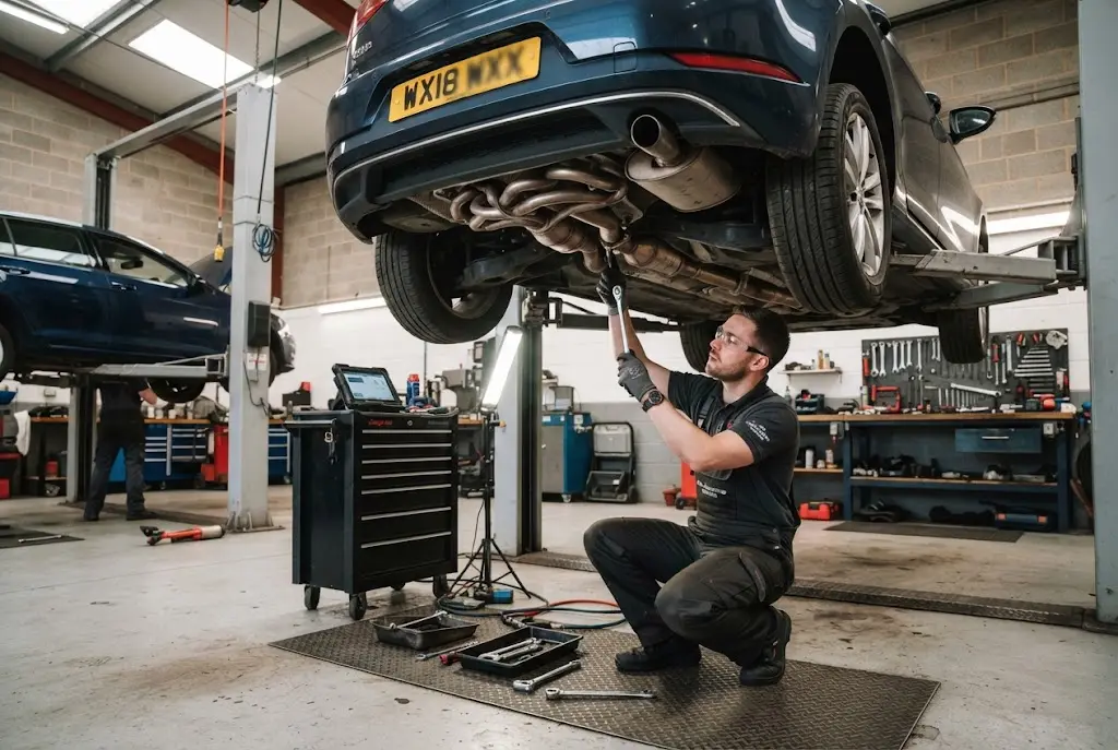auto exhaust repair being performed on a car in a UK garage