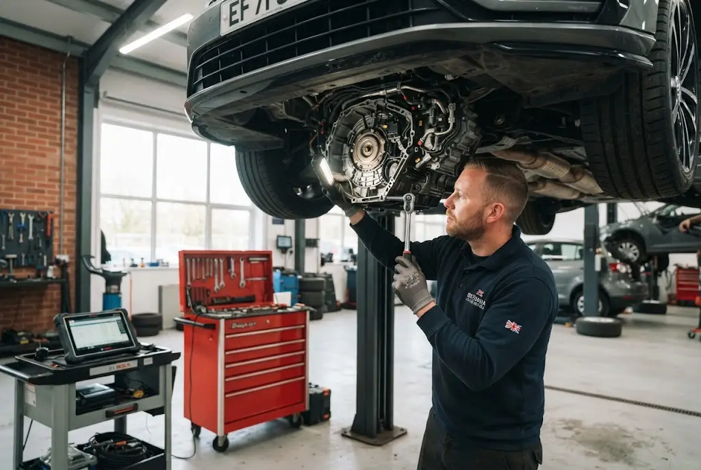 auto transmission service being performed on a car in a UK garage