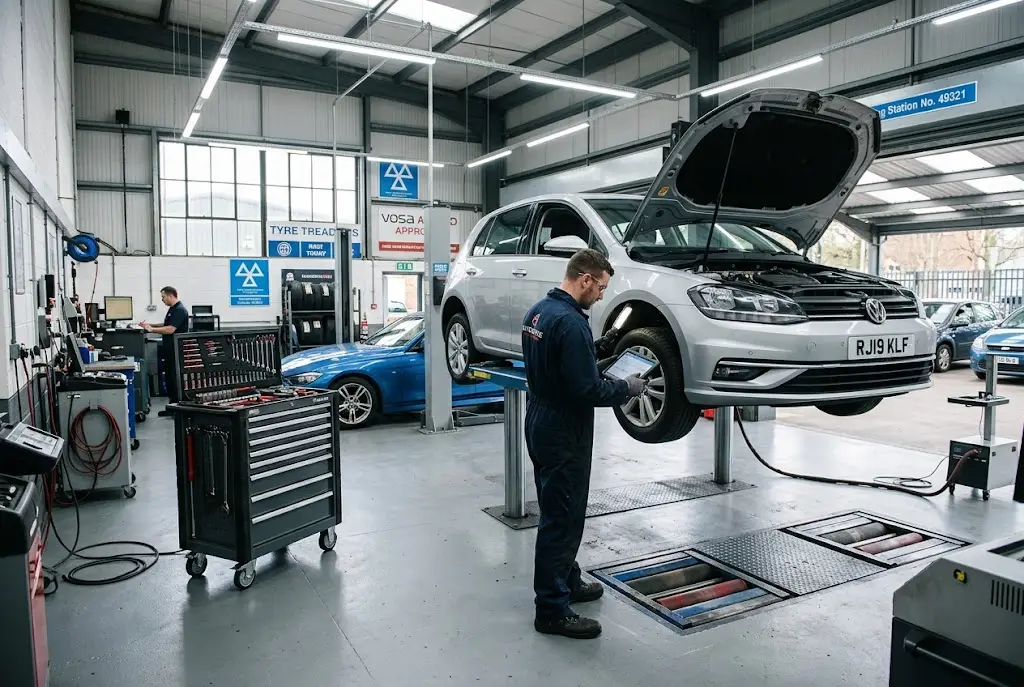MOT and service inspection at a professional UK automotive garage