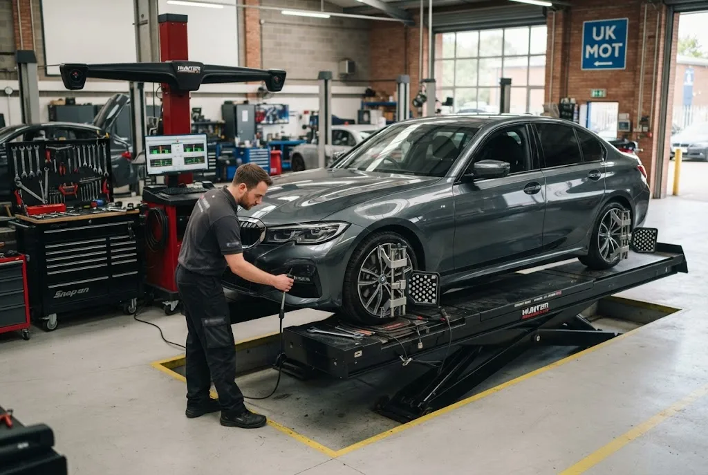 wheel alignment service being performed on a car in a UK garage