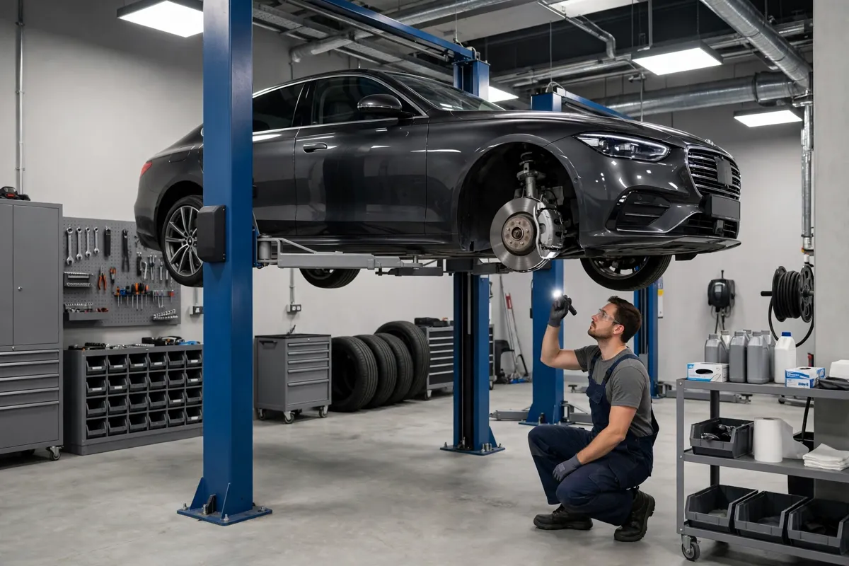 BMW service being carried out on a car raised on a lift in a UK garage